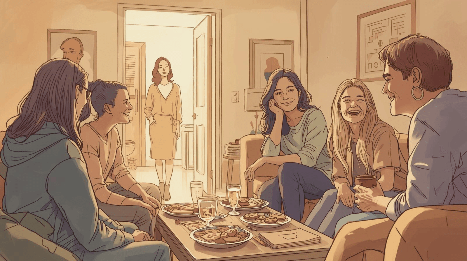 Illustration of someone at a house party glancing nervously toward a hallway bathroom