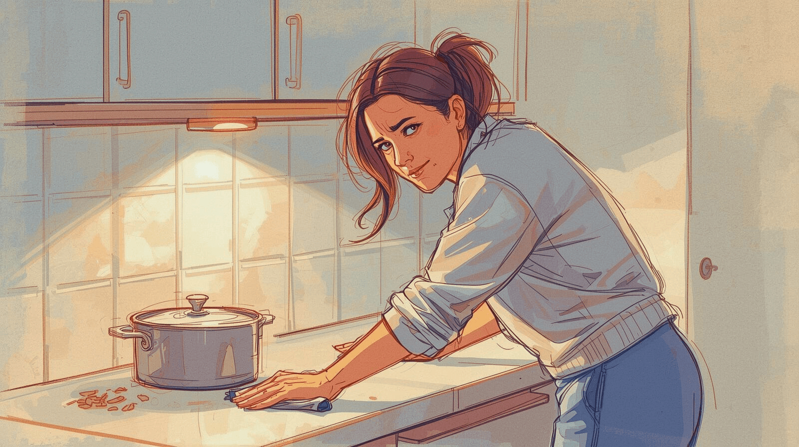 Illustration of a sparkling kitchen counter with one stubborn pot waiting on the corner