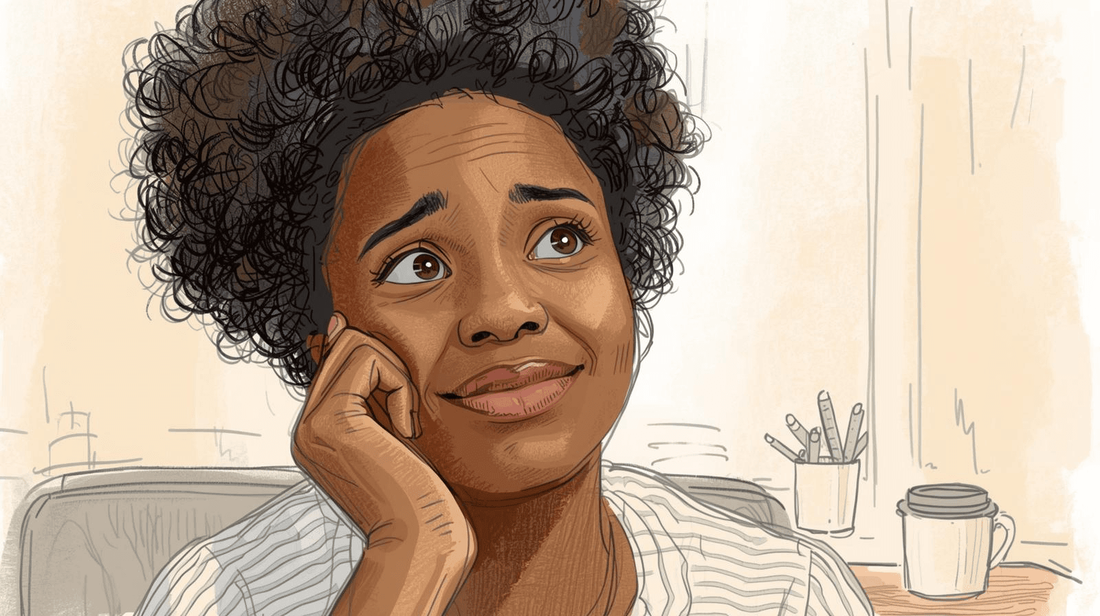 Illustration of someone mid-story at a shared desk as their thought bubble dissolves into scribbles