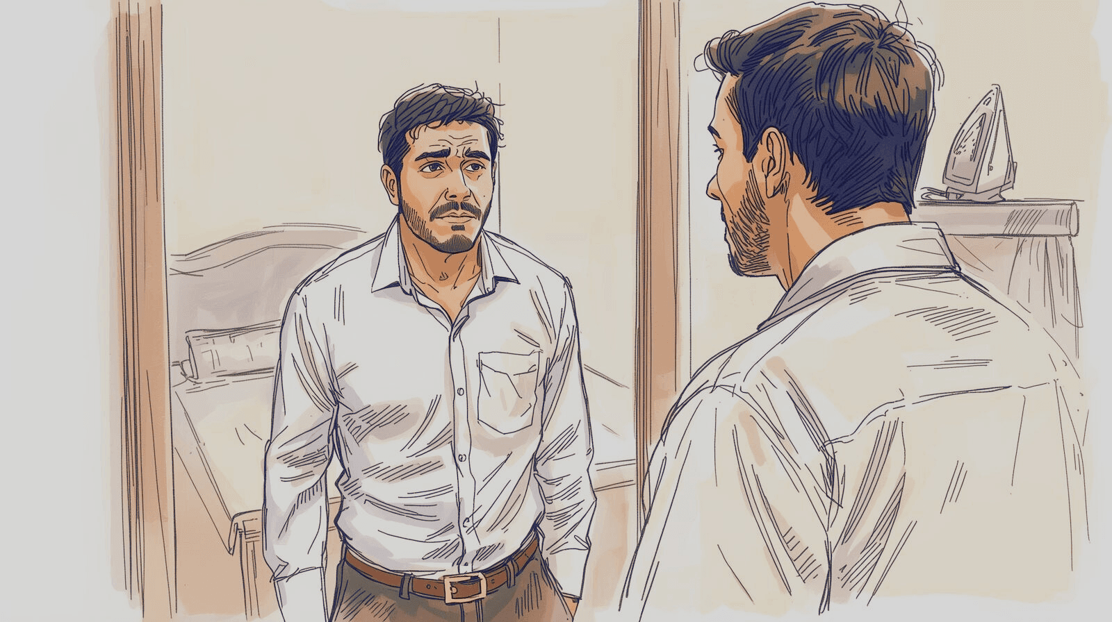 Illustration of a wrinkled button-up shirt hanging on a chair beside an unplugged iron