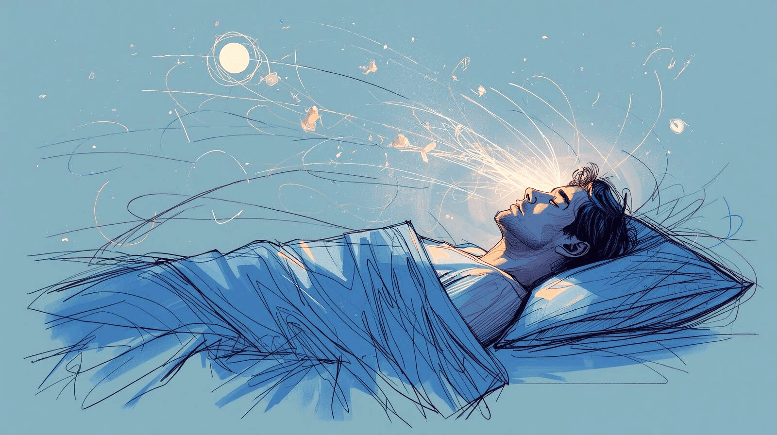 Illustration of someone lying awake at night watching the clock glow