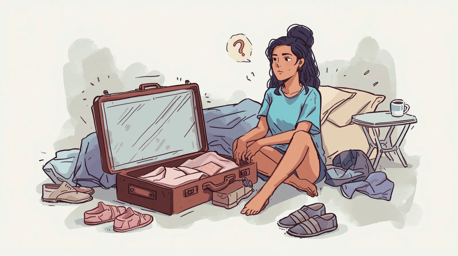 Illustration of an overstuffed suitcase with clothes, snacks, and a packing list spilling out on a bed