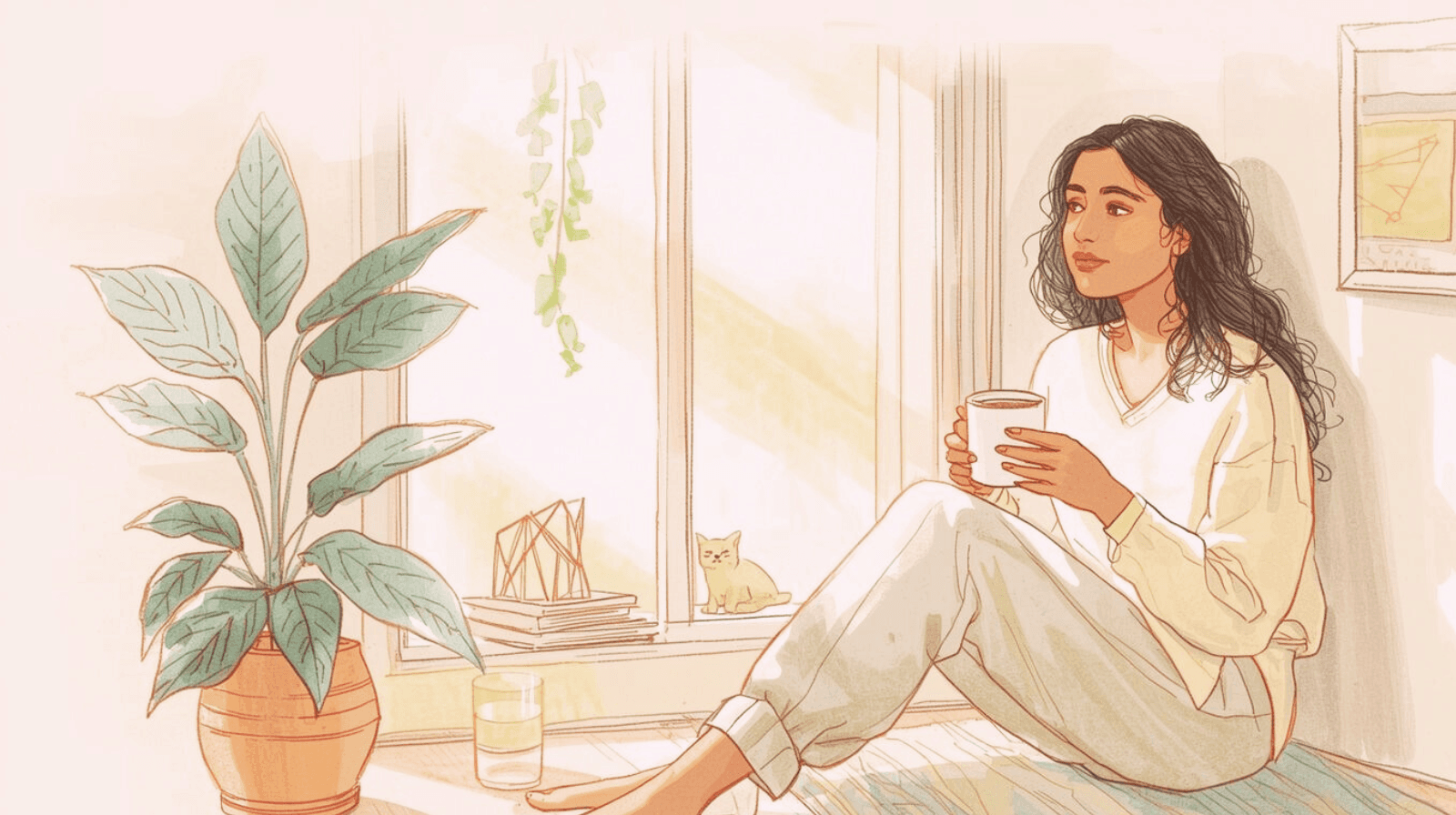 Illustration of someone leaning on a window ledge with coffee while soft sunlight fills a calm kitchen