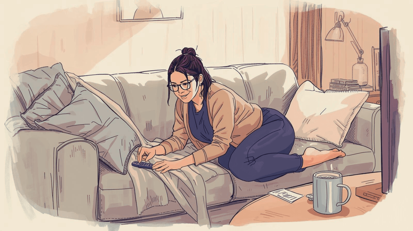 Illustration of someone shining a phone flashlight into couch cushions while TV light glows in a cozy living room