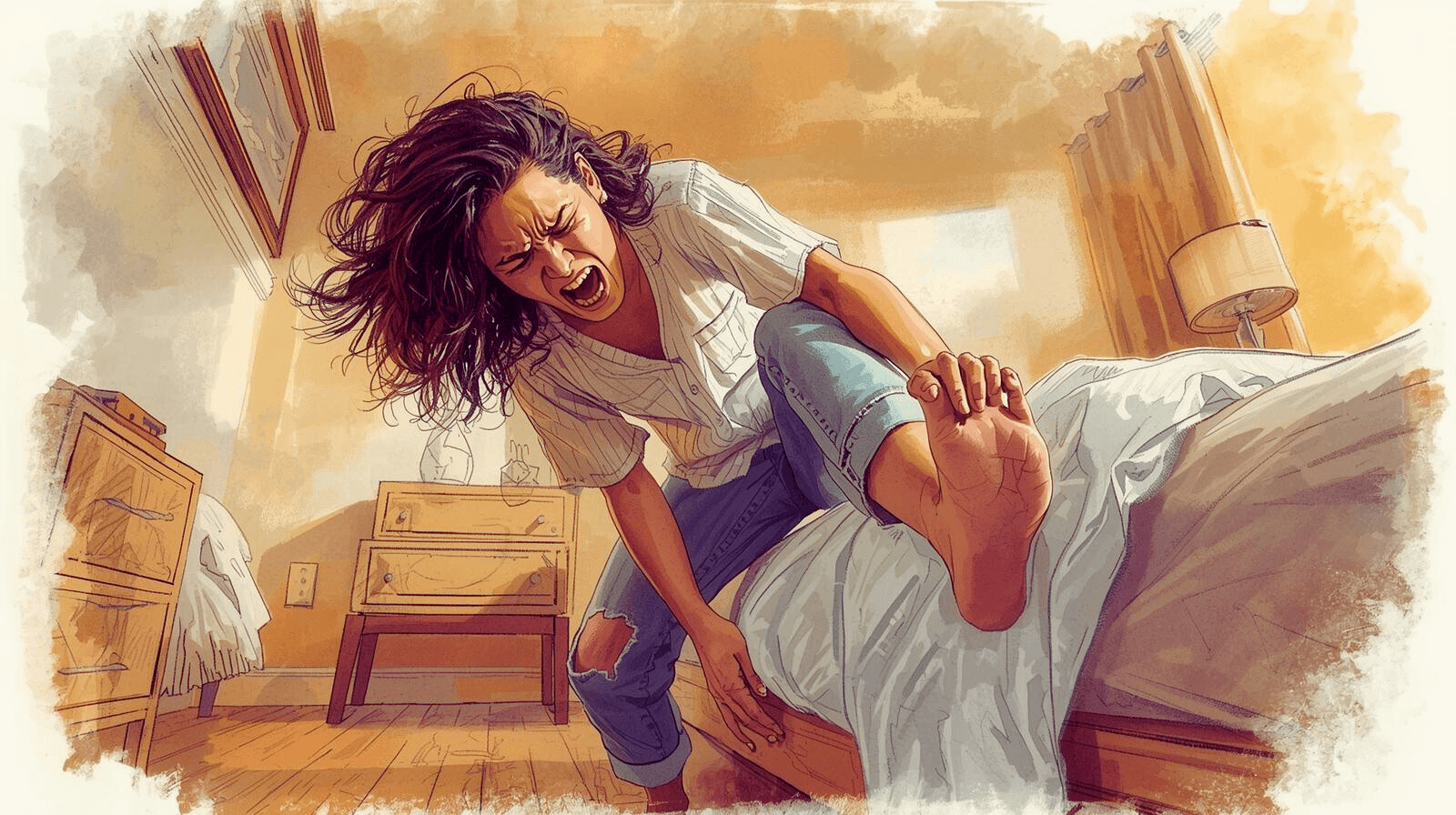 Illustration of someone hopping on one foot after stubbing their toe on a bed frame