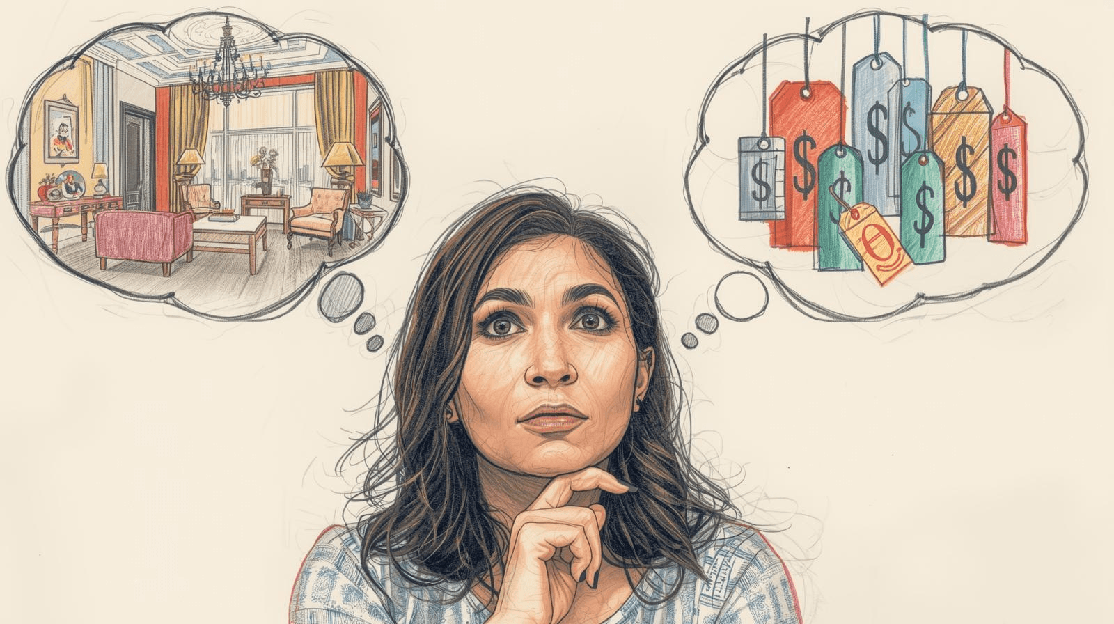 Illustration of a person choosing decor while looking at a budget spreadsheet