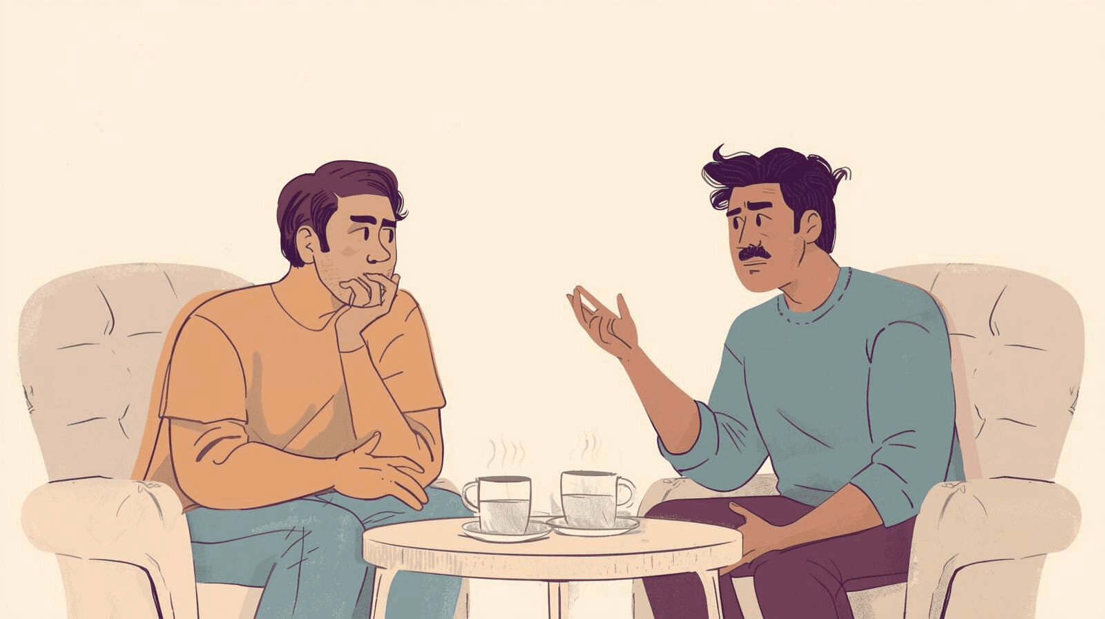 Illustration of two close friends mid-discussion, arms folded but leaning in to listen