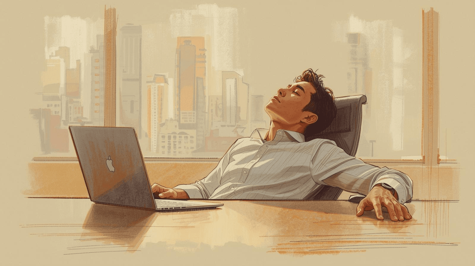 Illustration of a conference room with tired teammates still in a long meeting