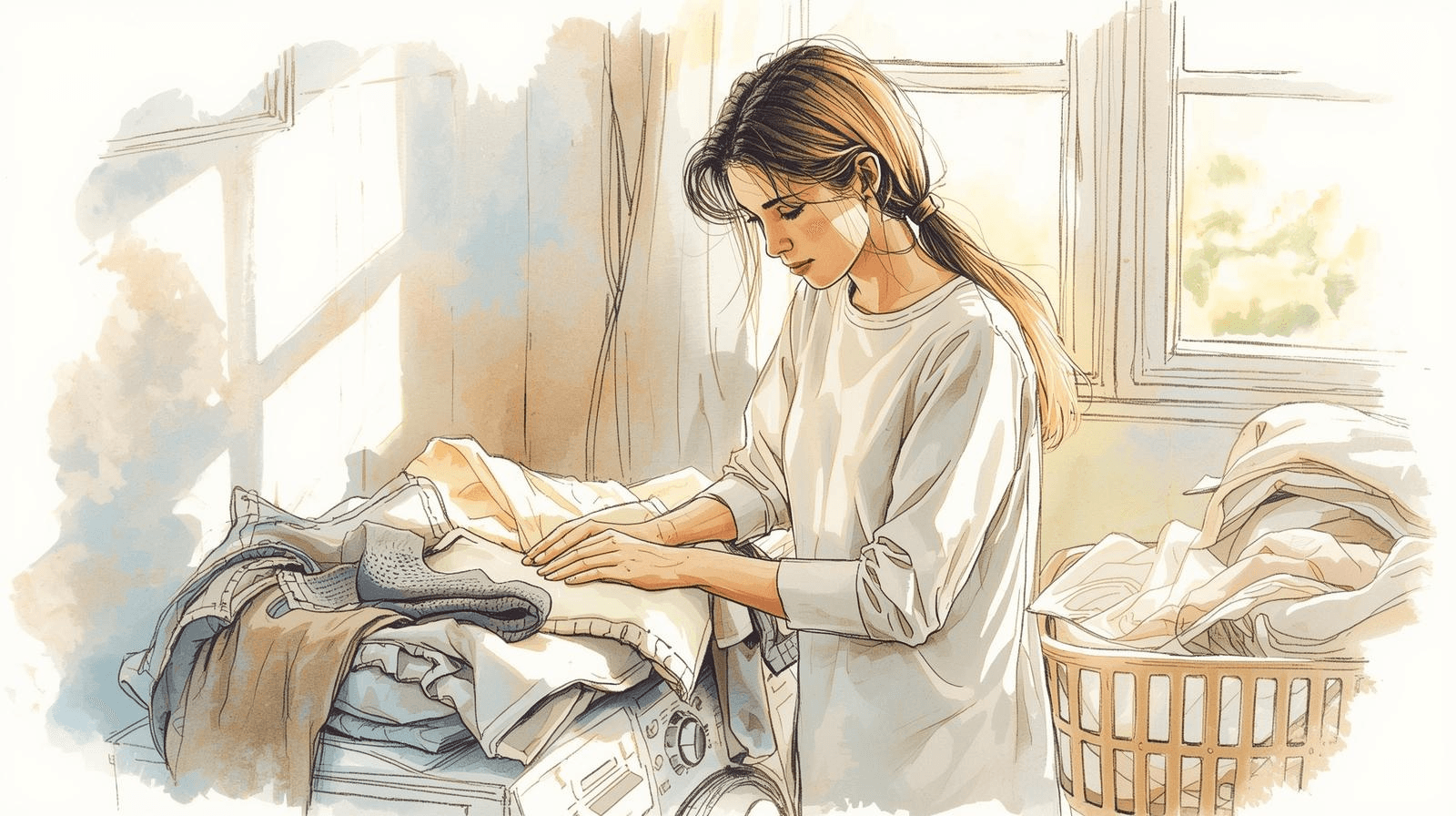 Illustration of someone folding laundry while reflecting on memories