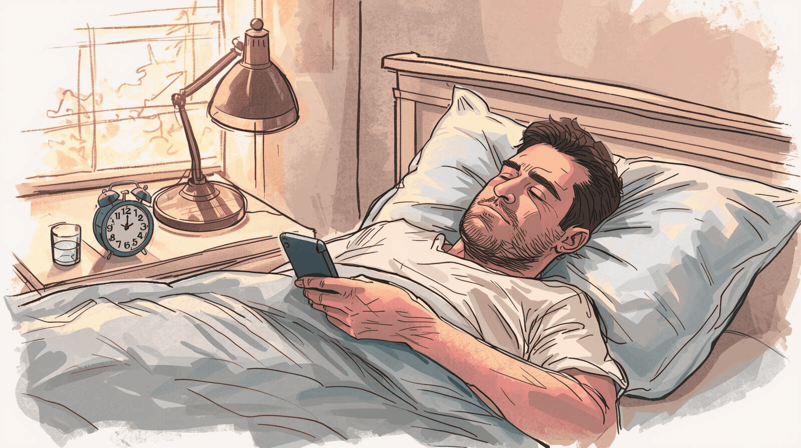 Illustration of a glowing alarm clock reading 7:00 with a giant snooze button and a sleepy hand hovering over it