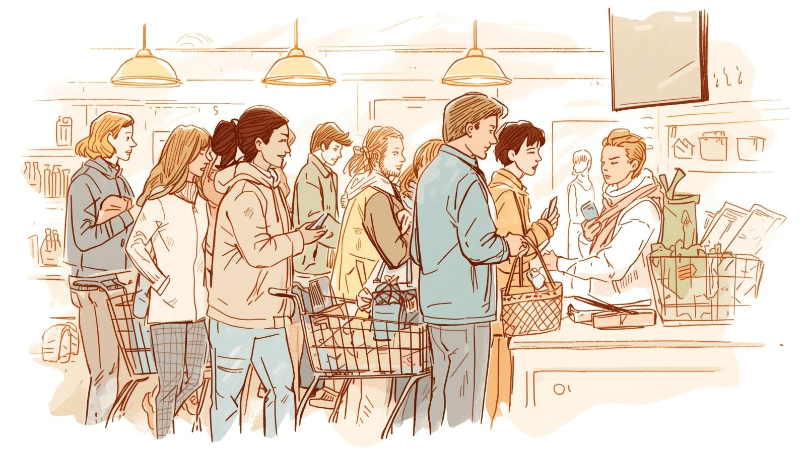 Illustration of two shoppers chatting in a slow grocery checkout line