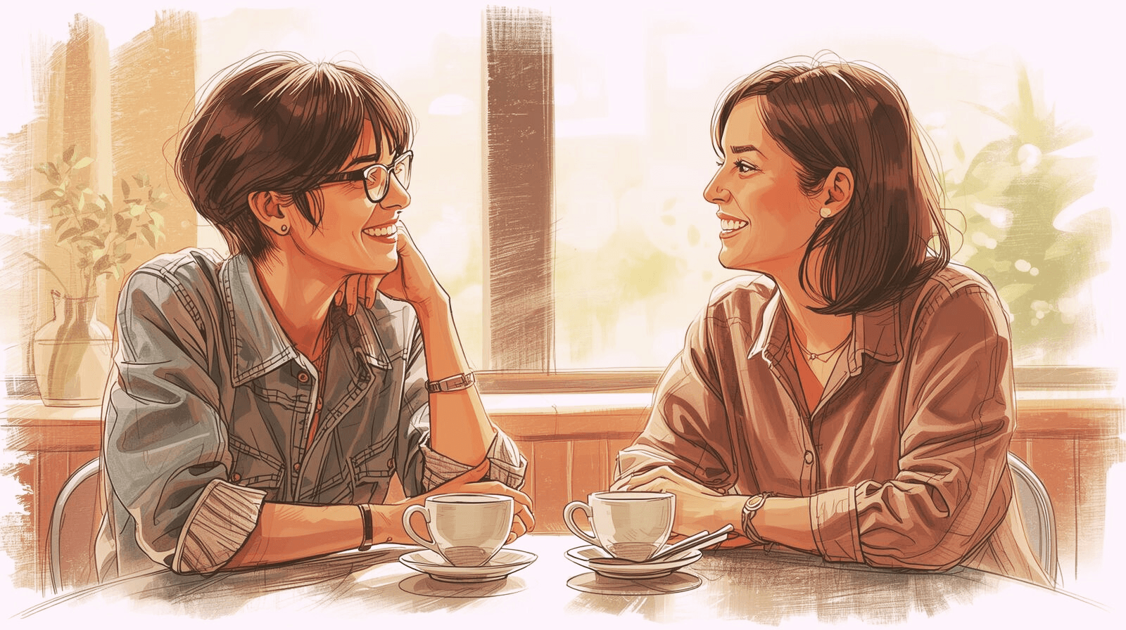 Illustration of two old friends laughing together over coffee