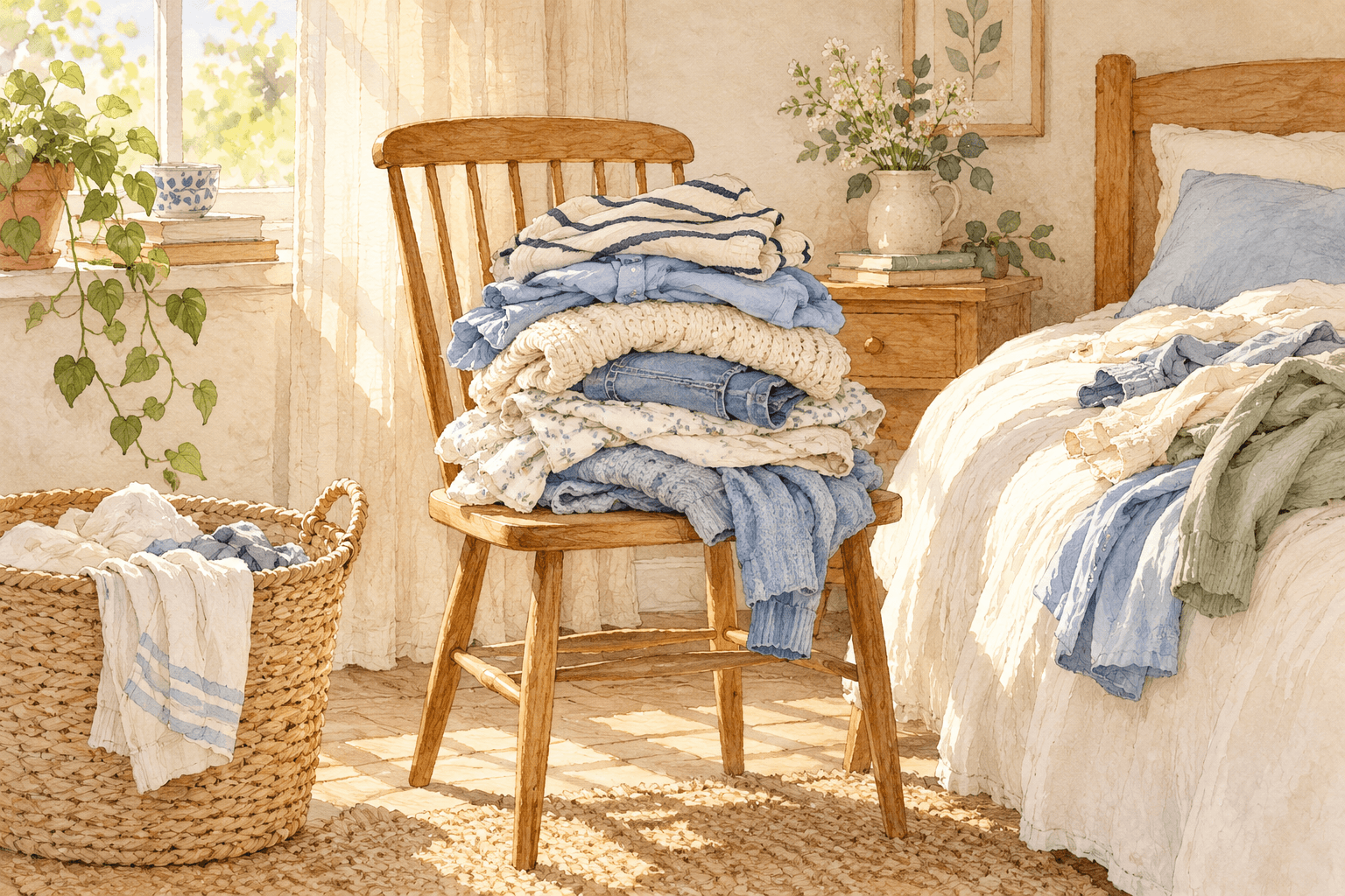 Watercolor illustration of clean blue and cream clothes piled on a wooden chair beside a bed, with a laundry basket nearby.